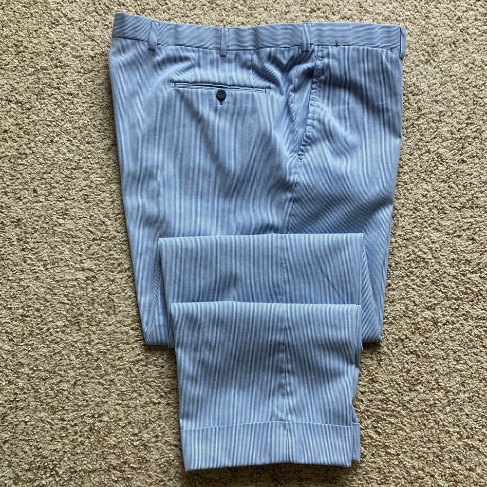 Isaia Napoli Men’s Blue White Stripe Seersucker Flat Front Trousers Pants 42